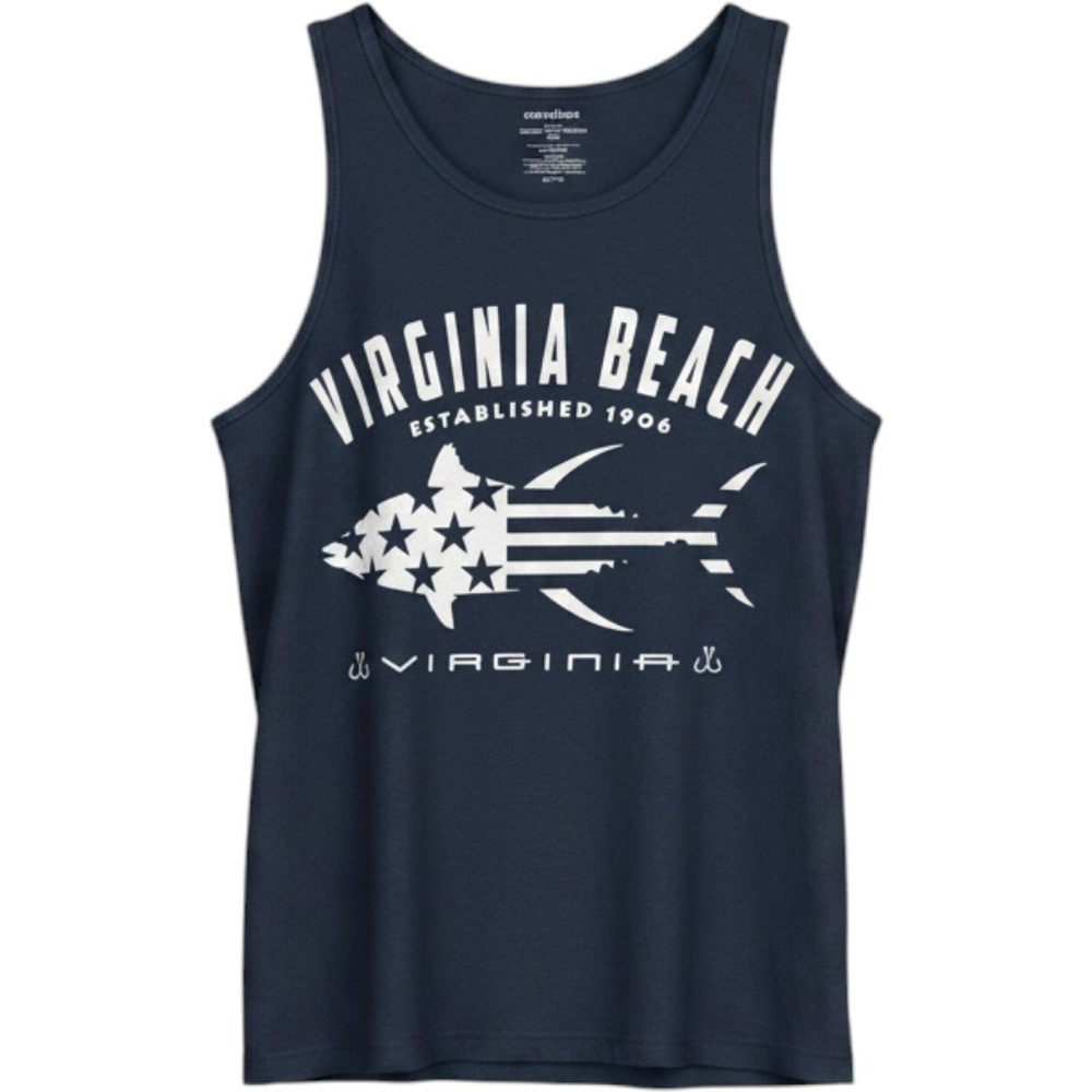 Sunsations Tank Top Virginia Beach Fish Flag Mens Size M Navy Blue Cotton Shirt